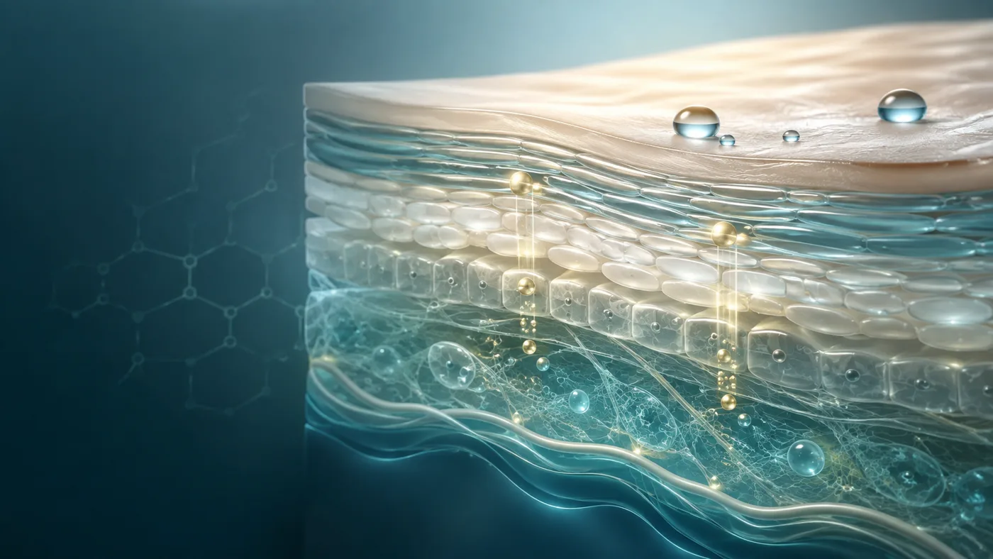A scientific cross-section of skin-barrier layers with actives reaching deeper strata