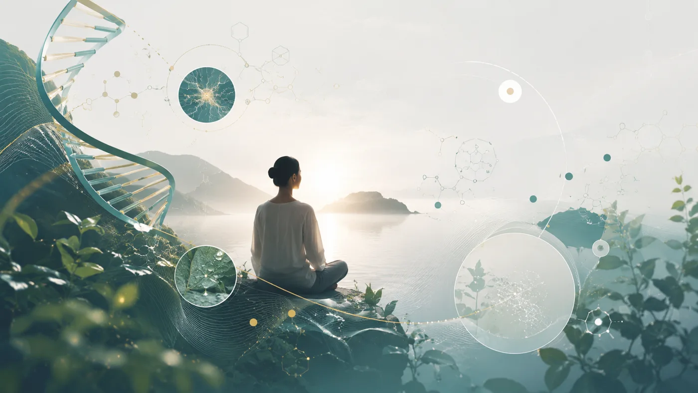 A calm person in nature, surrounded by subtle scientific motifs of nutrition and resilience